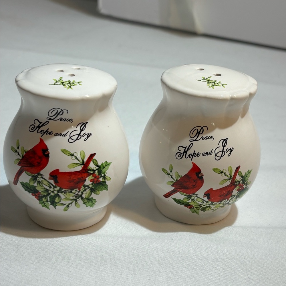 Peace Hope and Joy Cardinal Salt & Pepper Shakers - White Ceramic